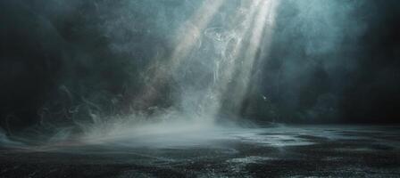 A Single Light Beam Pierces Through Dense Fog Over an Empty Road at Night photo