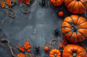 Autumnal Halloween Pumpkins and Spiders on Grey Background photo