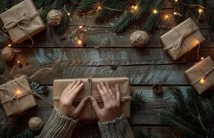 Wrapping Christmas Gifts on a Wooden Table With Twinkle Lights photo