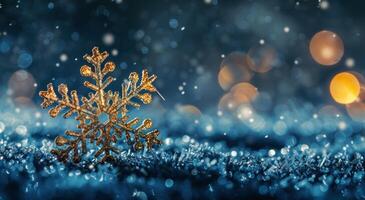Golden Snowflake Ornament on Blue Sparkle Background photo