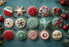 Decorated Sugar Cookies With Winter And Holiday Designs On Blue Background photo