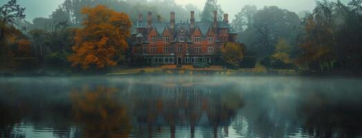 Stone Manor House on Foggy River in Autumn photo