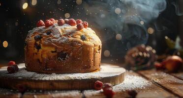 Freshly Baked Fruit Cake With Powdered Sugar and Steam photo