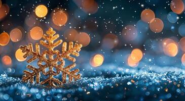 Golden Snowflake Ornament on Blue Sparkle Background photo