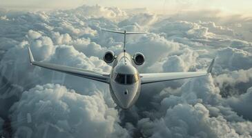 Private Jet Flying Above Fluffy Clouds at Sunset photo
