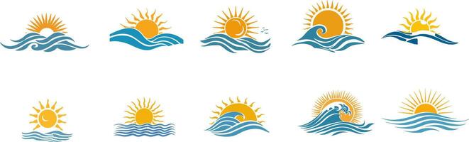 Flat Logo Set Sunset Over Ocean with Summer Elements vector