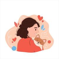 illustration of i love my cat between a woman and a cat hugging vector