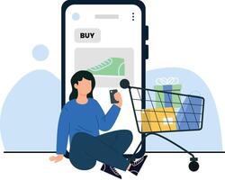 women shoping in a marketplace with digital platform using smartphone vector