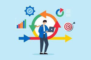 Guiding organizations through transitions, managing resistance and organizational concept illustration. Business analyst leading change management process vector