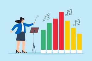 Harmonizing business strategies, orchestrating market growth, data-driven performance, strategic concept illustration. Analyst conducting orchestra of bar graphs vector