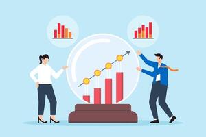 Predictive analytics, business analysts forecasting trends, future planning, and risk management concept illustration. Team with crystal ball and statistical graphs vector