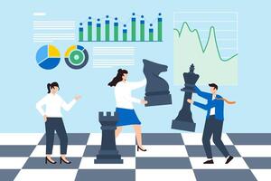 Strategic market moves, competitive analysis, data-driven decision-making, planning for business success concept illustration. Team of analysts playing chess with financial pieces vector