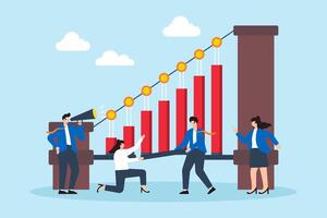 Connecting market insights, data-driven strategy, collaboration planning, achieving business growth concept illustration. Team constructing bridge with bar graphs vector