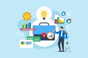 Business case development, creating compelling proposals, justifying investments and analysis projects concept illustration. Analyst with briefcase presenting graphs and charts vector