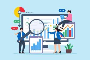 Business people analyzing data charts and graphs on computer screen illustration vector