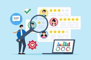 Interpreting client reviews and surveys, improving products and services concept illustration. Business analyst analyzing customer feedback vector