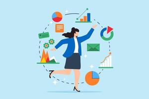 Choreographing marketing strategy, data-driven movement, strategic harmony, collaborative planning concept illustration. Business analysts performing dance with financial charts vector