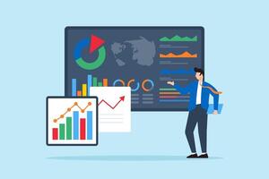 Business intelligence reporting, data visualization concept illustration. Analysts presenting insights via interactive dashboards vector