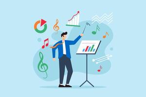 Orchestrating market strategy management, data-driven harmony, collaborative execution, achieving business success concept illustration. Analyst composing symphony with financial notes vector
