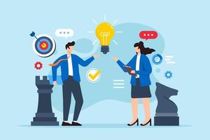 Partnership strategy, identifying and forming planning, collaborative business ventures concept illustration. Analyst team discussing new idea vector