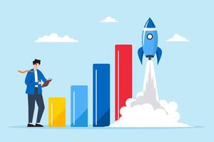 Launching new strategies, accelerating growth, data-driven innovation, strategic planning concept illustration. Business analysts guiding rocket with financial graphs vector