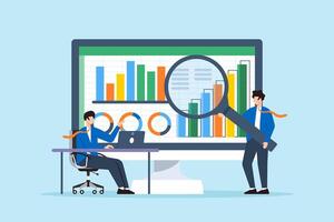 Forecasting financial modeling performance, budgeting, and scenario planning concept illustration. Business analysts working with spreadsheets and graphs vector