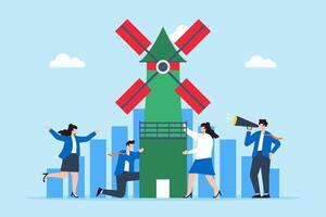 Harnessing market energy, strategic innovation, data-driven efficiency, sustainable business growth concept illustration. Team of analysts building windmill with bar graphs vector