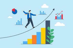 Balancing business risks and rewards, strategic stability, data-driven decision-making, navigating market challenges concept illustration. Analyst walking on tightrope of financial charts vector