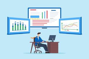 Marketing strategy management, data-driven decision-making, strategic oversight, business coordination concept illustration. Analyst operating control room with financial charts vector