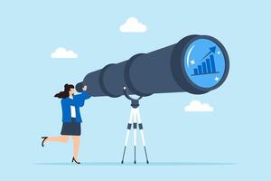 Forecasting market trends, long-term strategic planning, data analysis for future growth, decision-making concept illustration. Business analyst using telescope to view financial charts vector