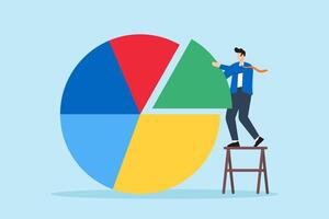 Market segmentation analysis, data visualization, collaborative business strategy, concept illustration. Businessman assembling giant pie chart vector