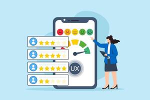 User experience evaluation, assessing customer journey, enhancing satisfaction, UX analysis concept illustration. Business analyst reviewing feedback and personas vector