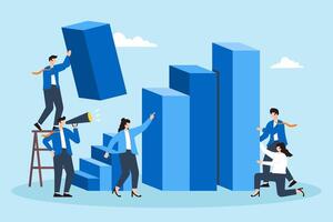 Incremental sales growth, step-by-step strategy development, data-driven progress, achieving business milestones concept illustration. Team of analysts constructing staircase of bar graphs vector