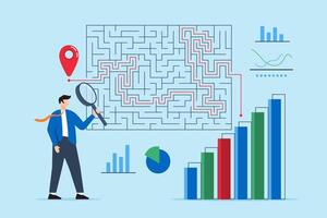 Solving complex market problems, strategic thinking, analytical problem-solving, business challenges concept illustration. Analysts navigating maze of financial graphs vector