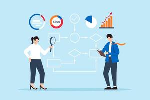 Process optimization, streamlining workflows, improving efficiency, and reducing costs concept illustration. Analysts analyzing and reengineering business processes vector