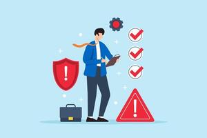 Risk assessment and management, identifying potential risks and mitigation strategies, ensuring project security concept illustration. Analyst with checklist and caution signs vector