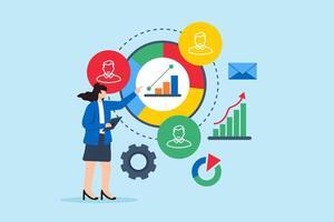 Competitive benchmarking, comparing business performance, industry analysis concept illustration. Analyst analyzing competitor data and trends vector