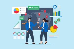 Planning and executing market entry, evaluating opportunities and expansion concept illustration. Business analyst analyzing strategy vector