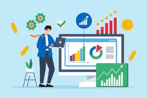 Profitability analysis, evaluating business, identifying cost-saving opportunities, profit margins optimization concept illustration. Analyst analyzing financial charts and graphs vector