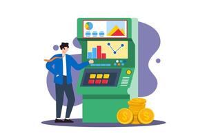 Gamifying market strategy, data-driven decision-making, strategic play, competitive analysis concept illustration. Analyst playing arcade game with financial controls vector