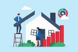 Constructing solid business strategies, foundation of data analysis, collaboration in market planning, strategic growth concept illustration. Team of analysts building house with bar graphs vector