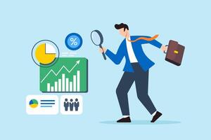 Market research, identifying emerging trends and opportunities, competitive analysis strategy, business intelligence concept illustration. Analyst studying reports and graphs vector