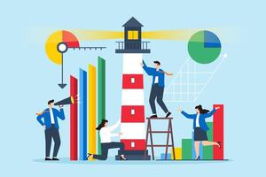 Guiding market strategy, data-driven navigation, strategic foresight, illuminating business paths concept illustration. Team of analysts constructing lighthouse with bar graphs vector