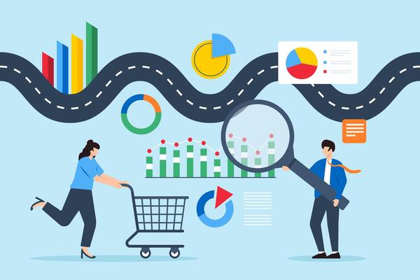 Customer journey mapping, visualizing interactions with brand, improving client experience concept illustration. Business analyst navigating winding road