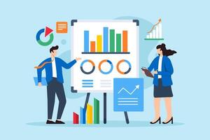 Data-driven decision making, business analysts interpreting complex datasets, strategic planning, and market analysis concept illustration. Team examining charts and graphs vector