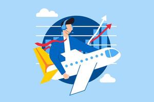 Soaring through market trends, data-driven navigation, strategic vision, achieving business heights concept illustration. Analyst piloting airplane with financial charts vector