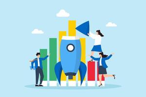 Launching innovative strategy, data-driven exploration, strategic planning, reaching new markets concept illustration. Business analysts building spaceship with financial charts vector