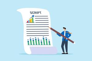 Drafting market strategy, storytelling through analysis, data-driven planning, strategic narrative concept illustration. Business analyst writing script with financial data vector