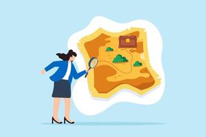 Discovering market opportunities, strategic exploration, insightful analysis, data-driven strategy concept illustration. Businesswoman mapping out treasure hunt with data vector