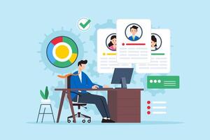 Optimizing use of business resources, maximizing efficiency, management concept illustration. Analyst on desk planning and analyzing resource allocation vector